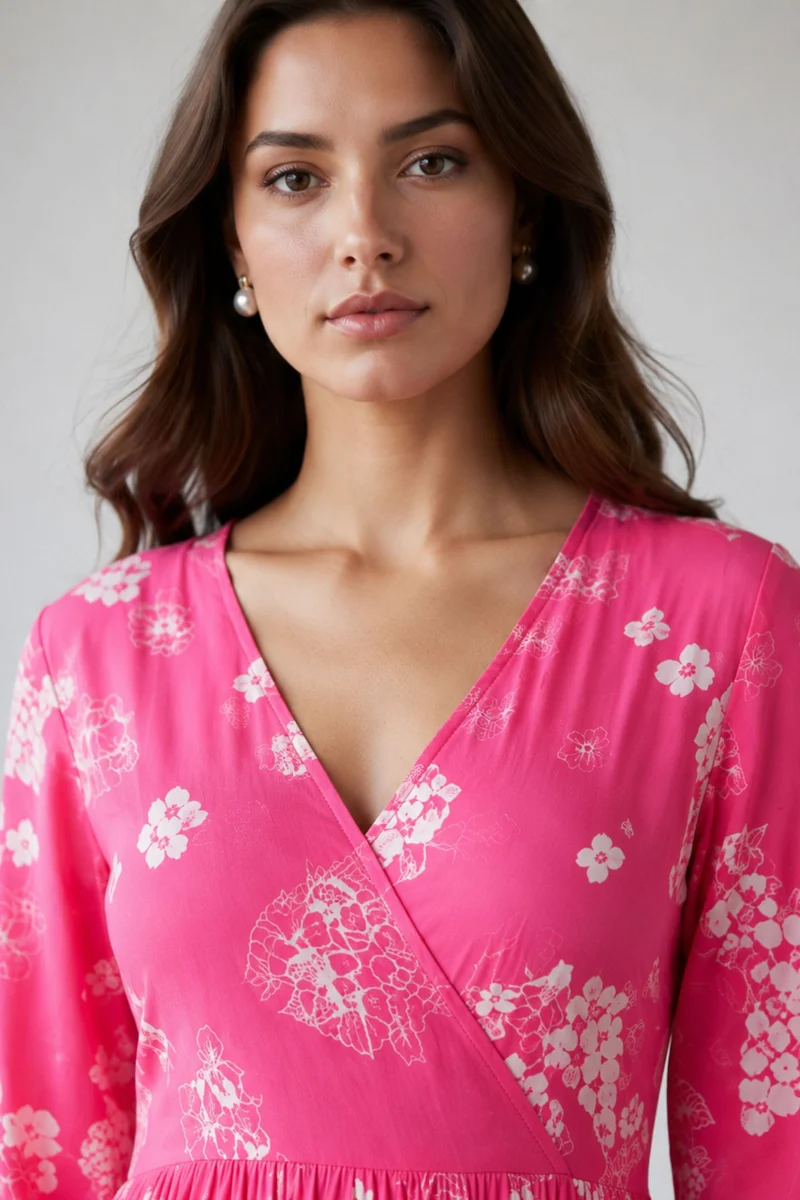 Sarakura|100% Viscose Printed V-Neck Midi Dress