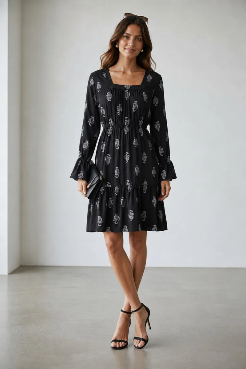 Yagami|100% Viscose Printed Square Neck Dress