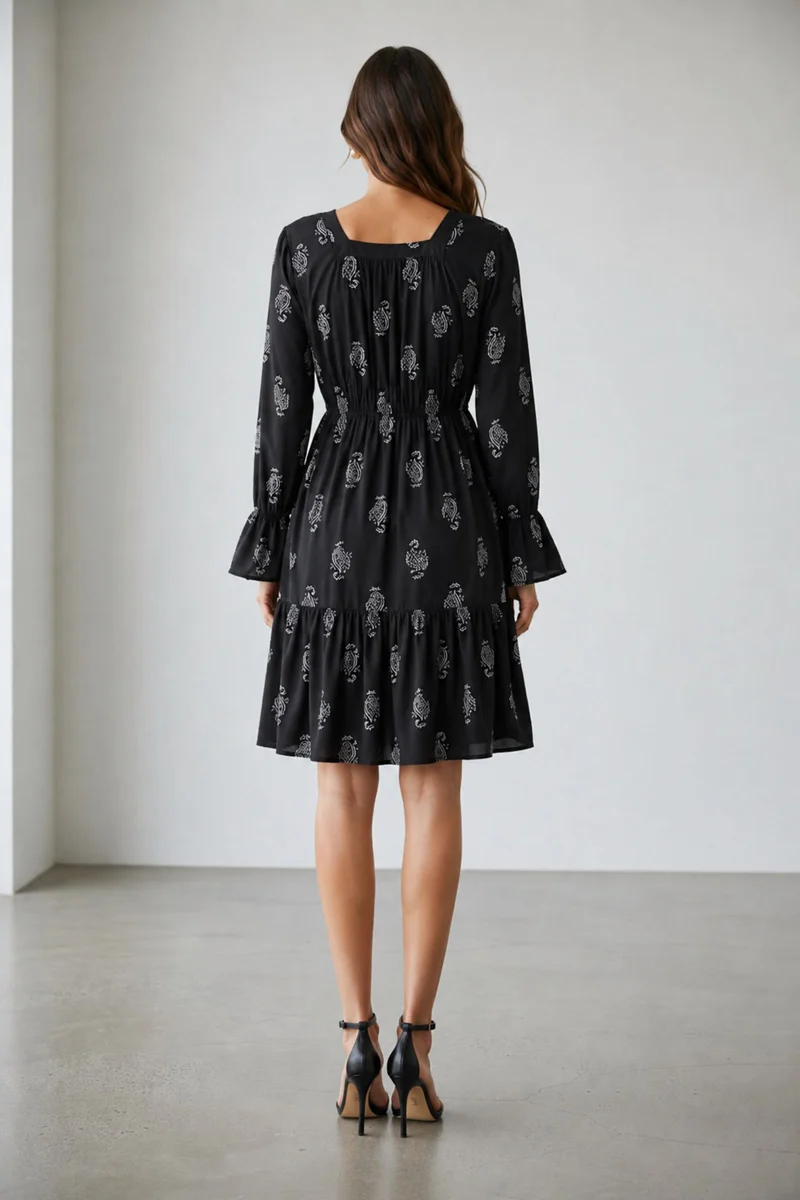 Yagami|100% Viscose Printed Square Neck Dress