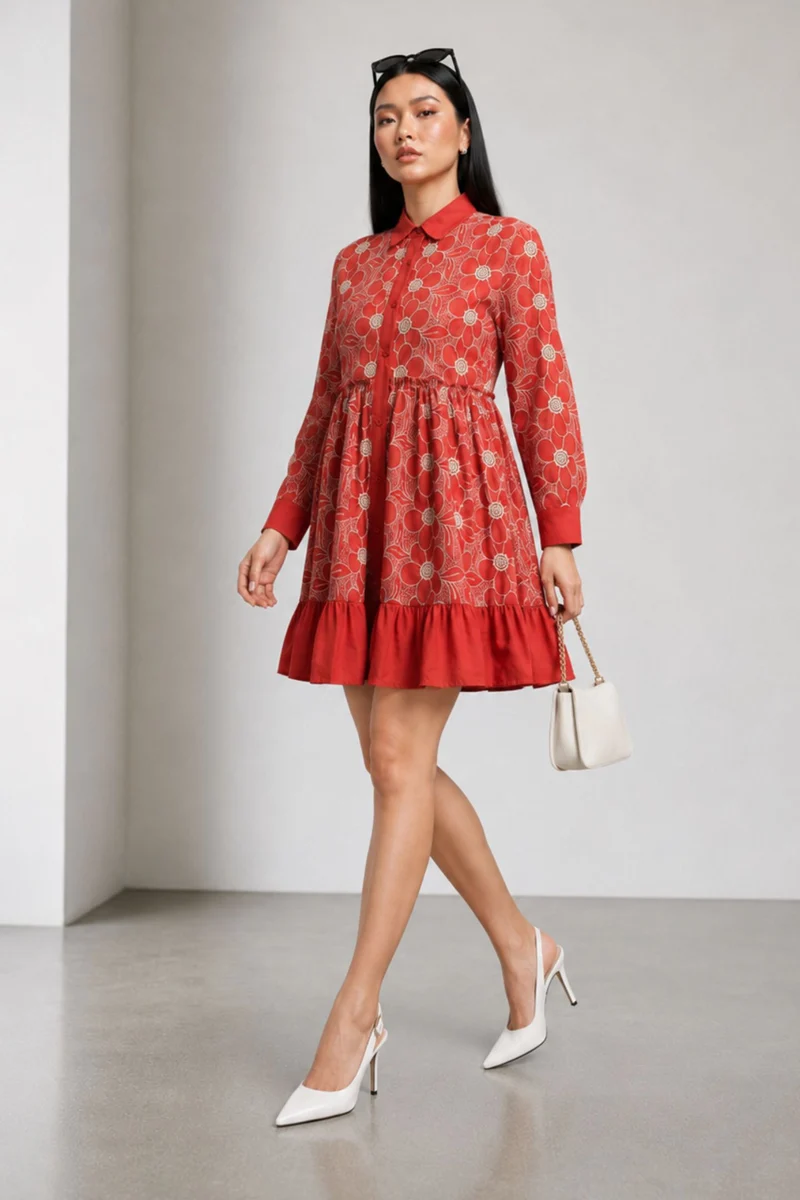 Avelisse|100% Cotton Embroidered Shirt Dress