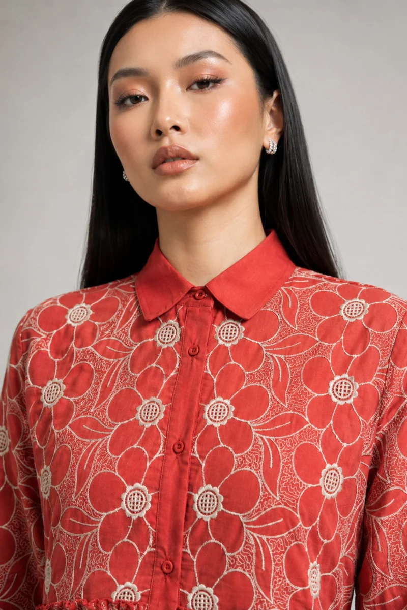 Avelisse|100% Cotton Embroidered Shirt Dress