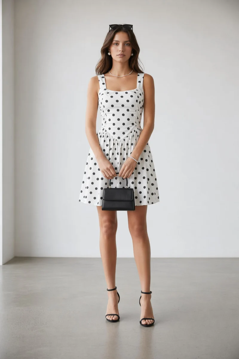Aurette|100% Viscose Polka Lace Detail Mini Dress