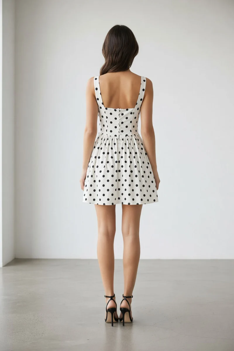 Aurette|100% Viscose Polka Lace Detail Mini Dress