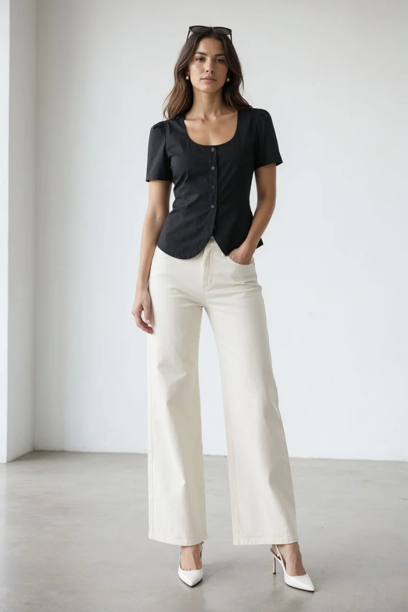 Orabelle|100% Cotton Scoop Neck Tie-Back Peplum Top