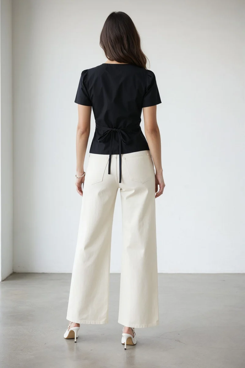 Orabelle|100% Cotton Scoop Neck Tie-Back Peplum Top