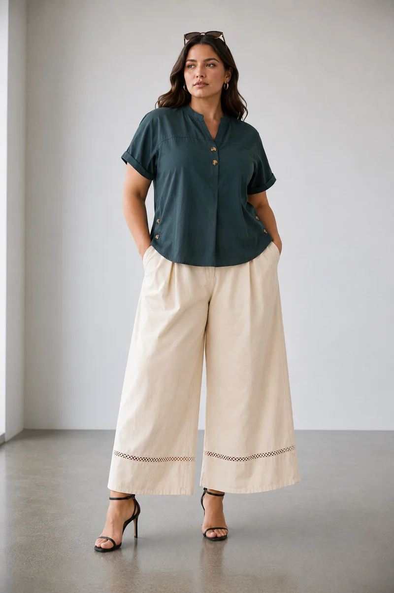 Sorella|100% Cotton Relaxed Fit Button Detail Top
