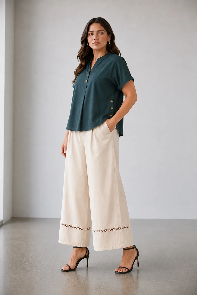 Sorella|100% Cotton Relaxed Fit Button Detail Top