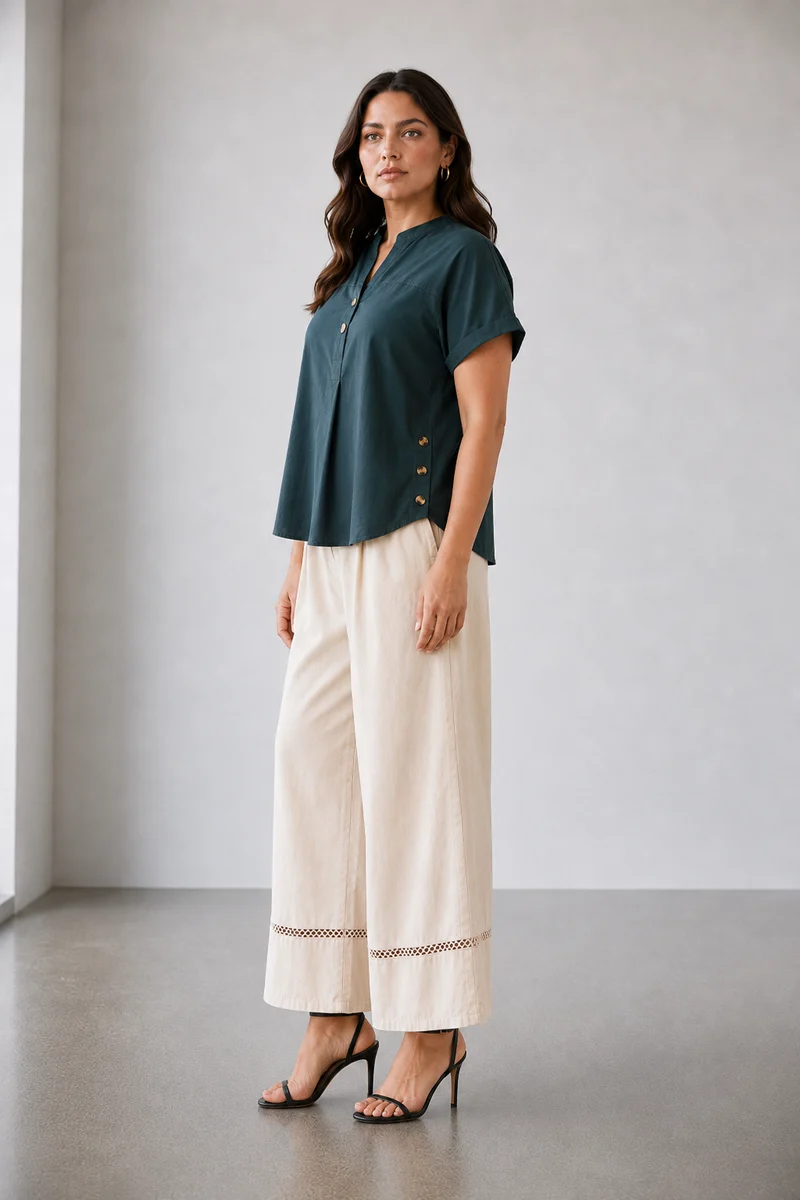 Sorella|100% Cotton Relaxed Fit Button Detail Top