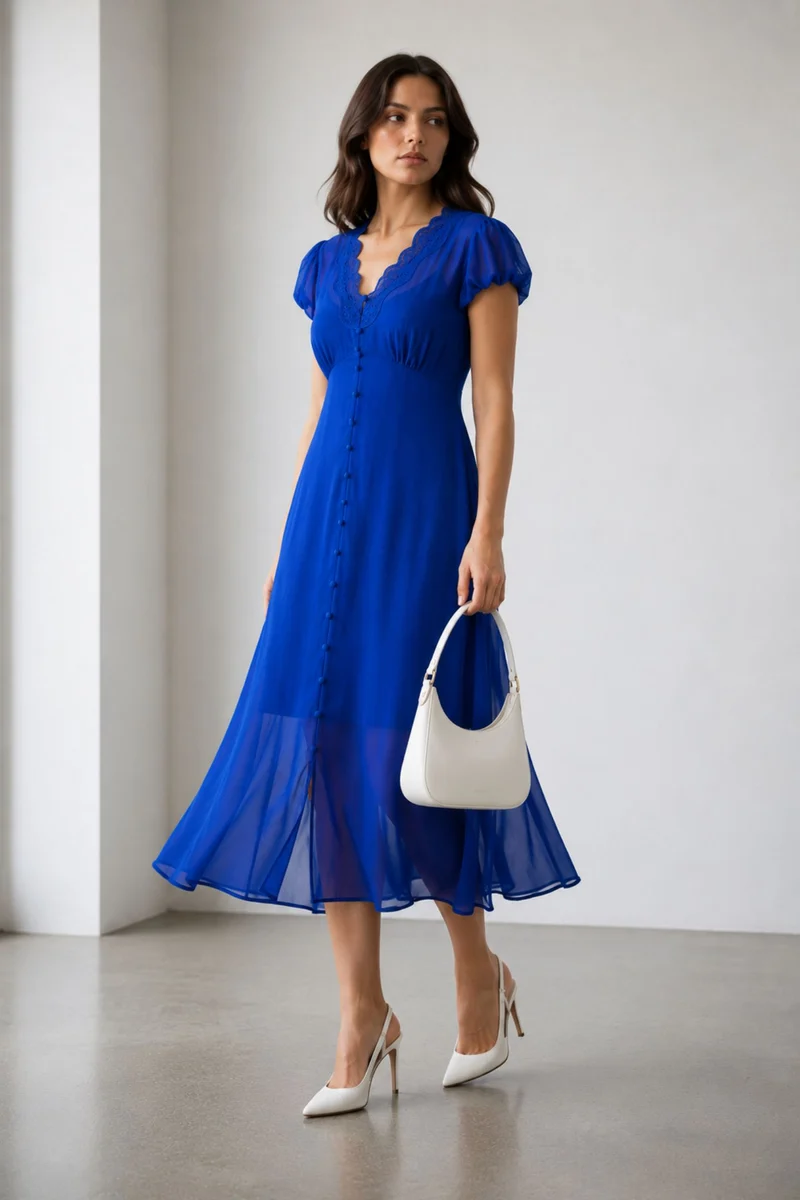 Liora|100% Viscose Lace Detail Midi Dress