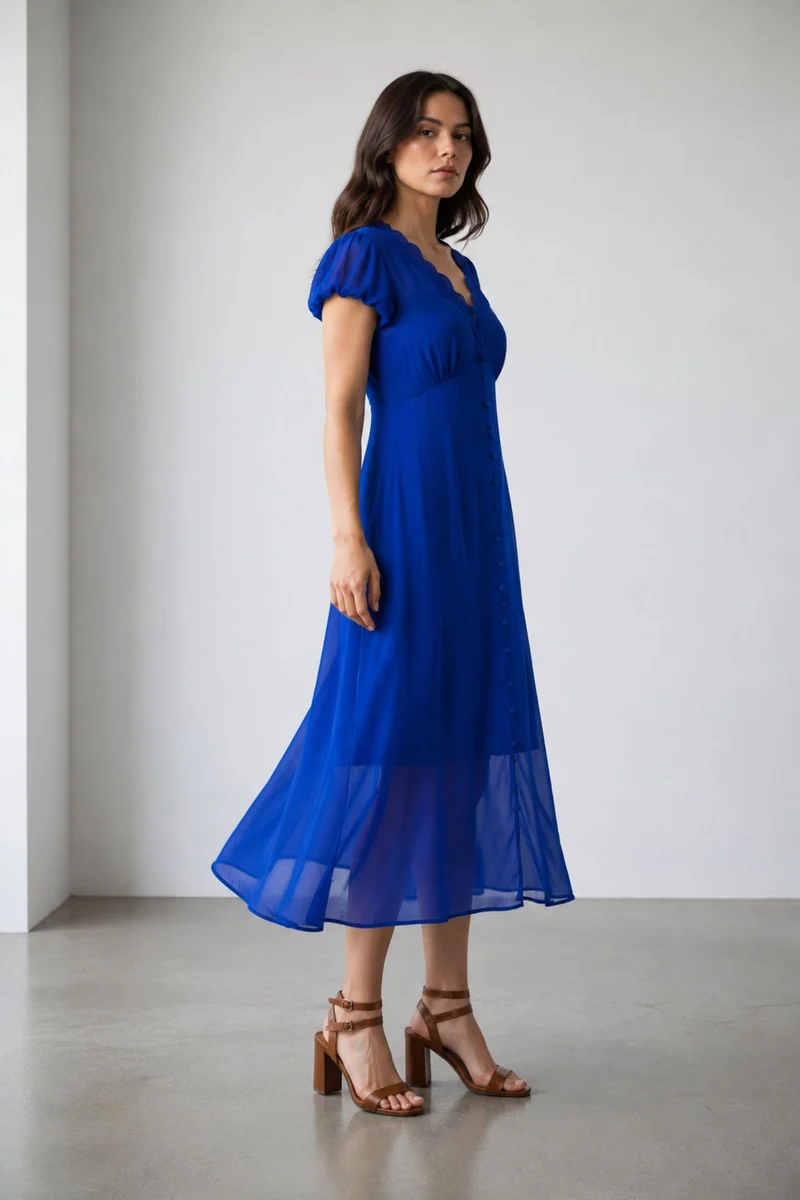 Liora|100% Viscose Lace Detail Midi Dress