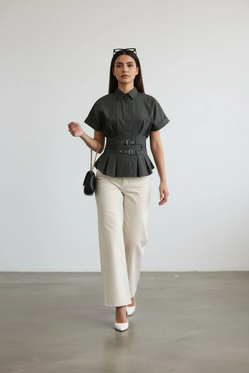 Mirelia|100% Cotton Waist Belt Peplum Shirt