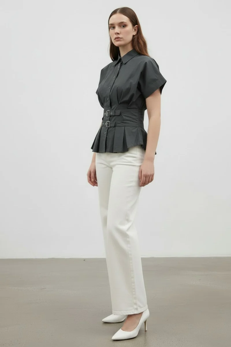 Mirelia|100% Cotton Waist Belt Peplum Shirt