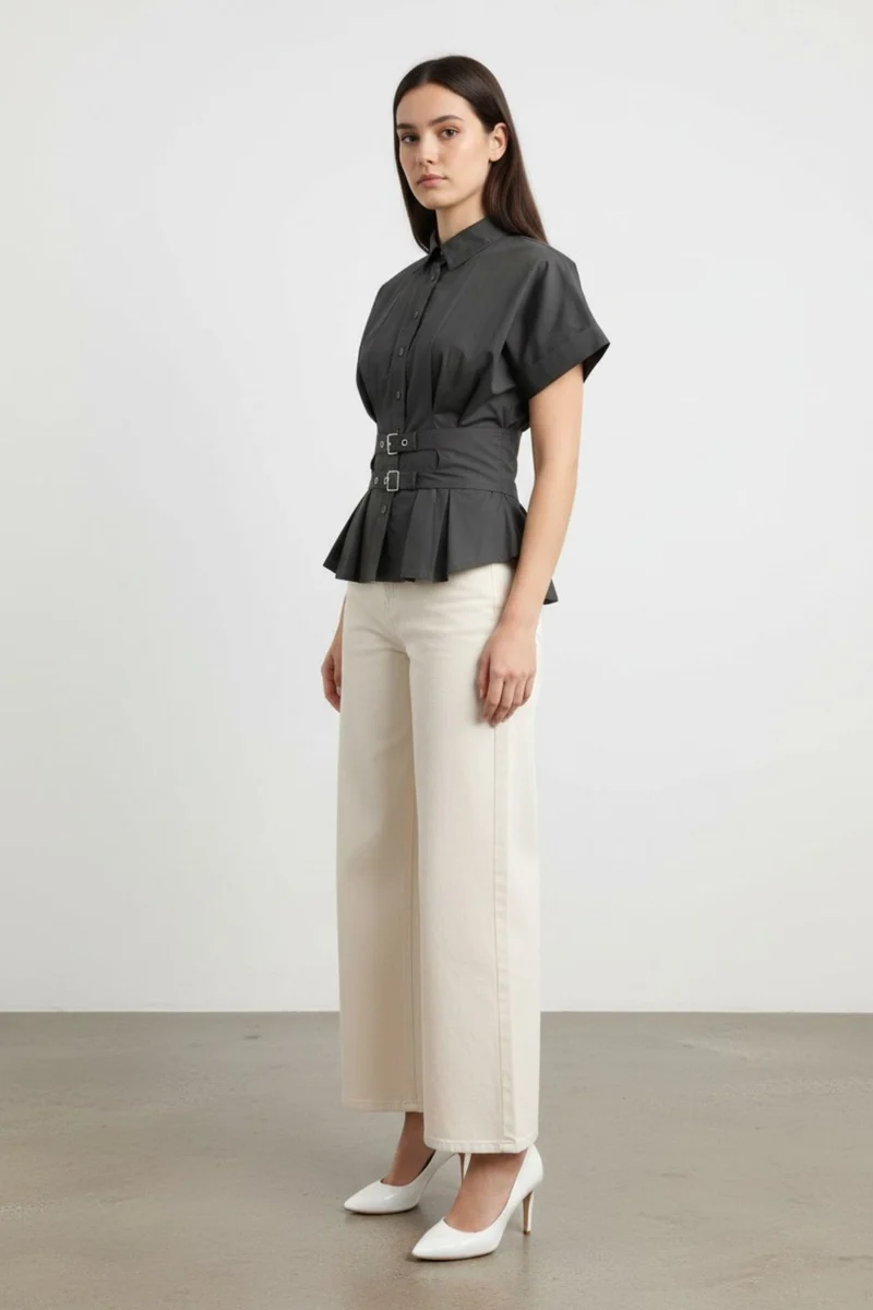 Mirelia|100% Cotton Waist Belt Peplum Shirt