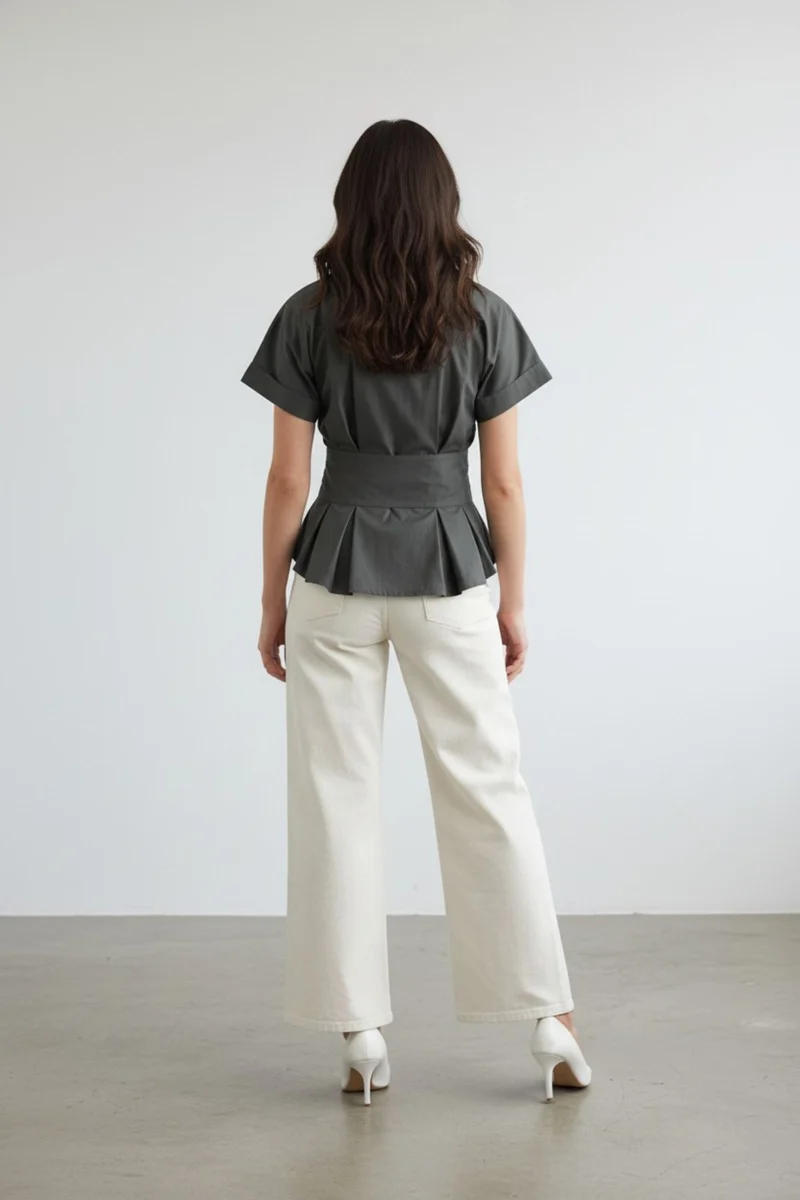 Mirelia|100% Cotton Waist Belt Peplum Shirt