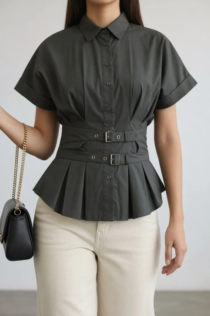 Mirelia|100% Cotton Waist Belt Peplum Shirt
