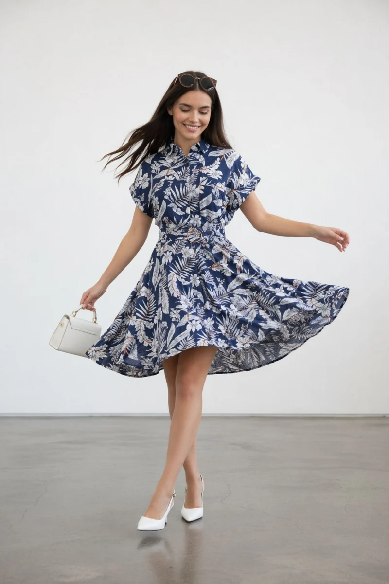 Celestia|100% Viscose Printed Shirt Dress With Metal Buckle