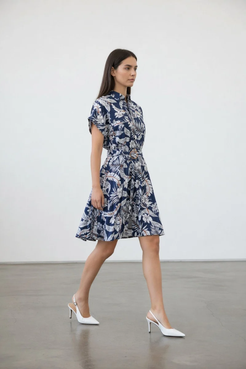 Celestia|100% Viscose Printed Shirt Dress With Metal Buckle