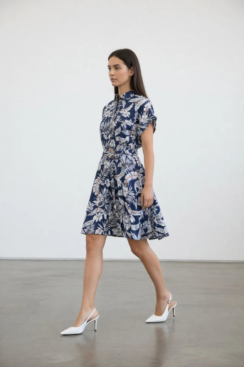 Celestia|100% Viscose Printed Shirt Dress With Metal Buckle