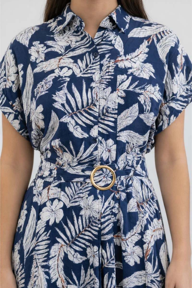 Celestia|100% Viscose Printed Shirt Dress With Metal Buckle