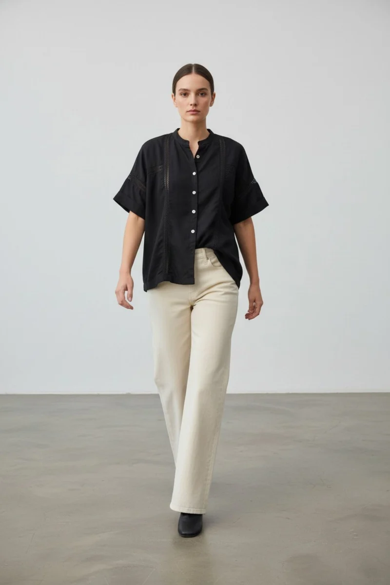 Sorellea|100% Viscose Relaxed Lace Panel Shirt