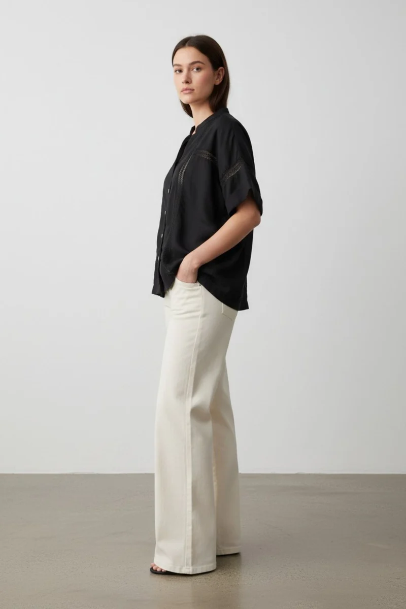 Sorellea|100% Viscose Relaxed Lace Panel Shirt