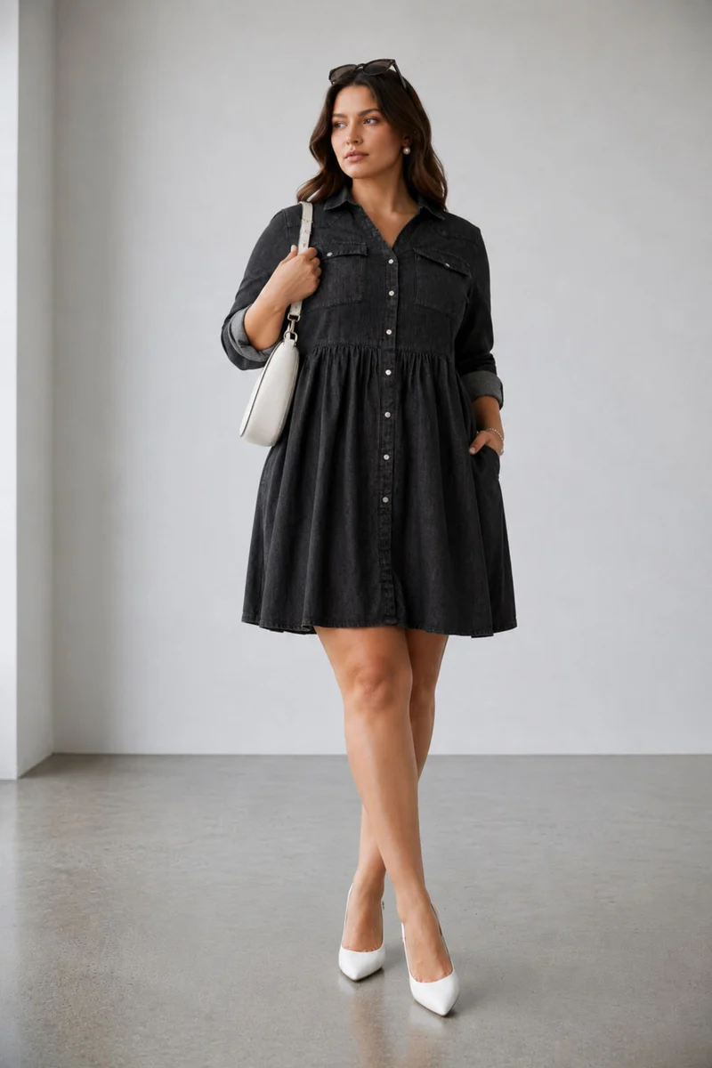 Celestila|100% Cotton Denim Shirt Dress