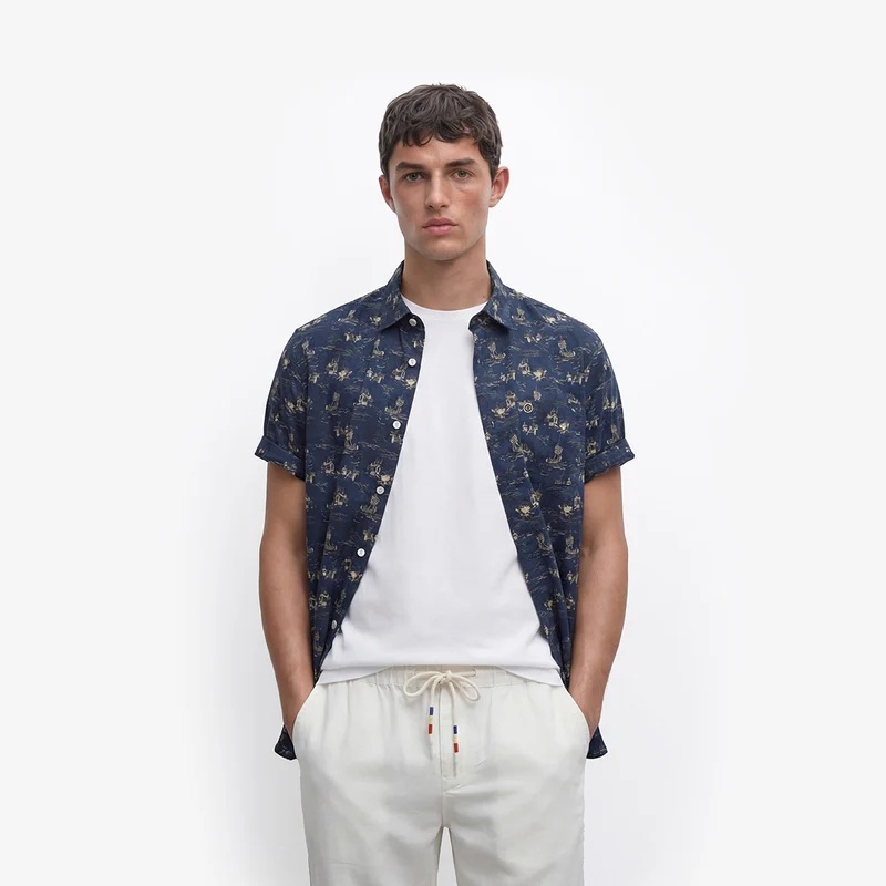 Chemise Caracas manches courtes en coton imprimé bleu marine