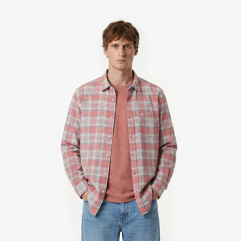 Chemise manches longues à carreaux en coton rose