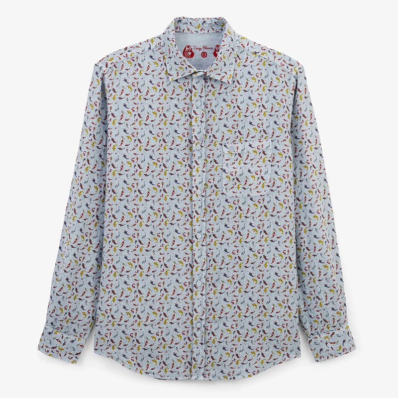 Chemise manches longues en lin carpes koï bleu céleste