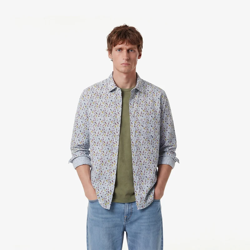 Chemise manches longues en lin carpes koï bleu céleste