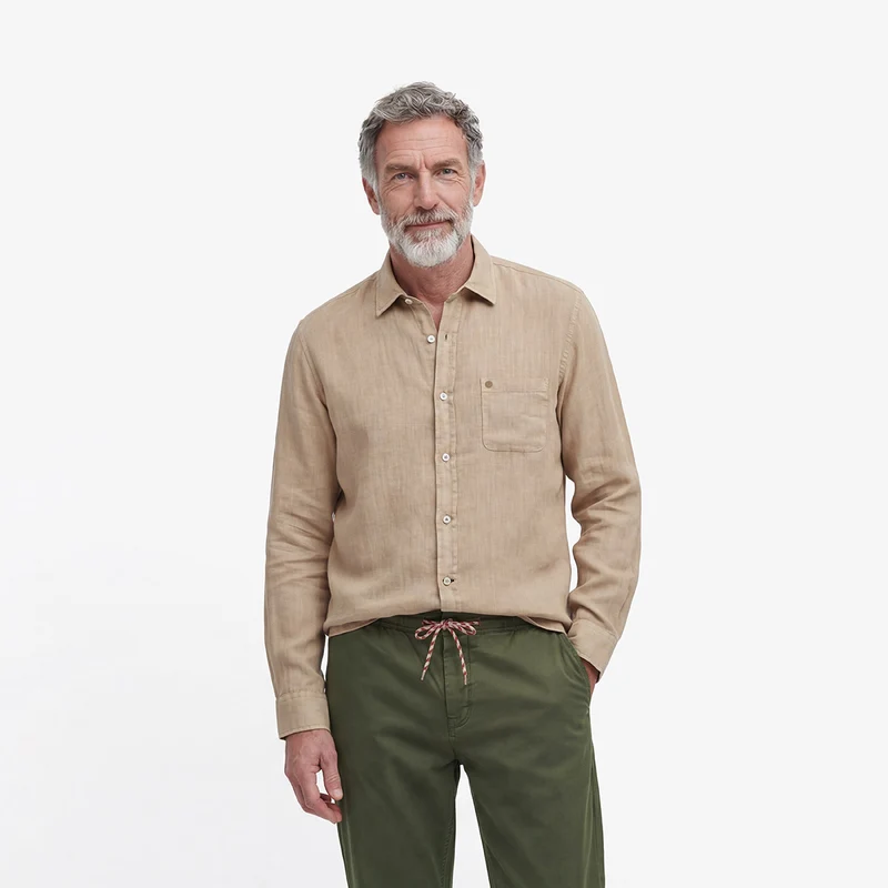 Chemise manches longues unie en lin marron avoine