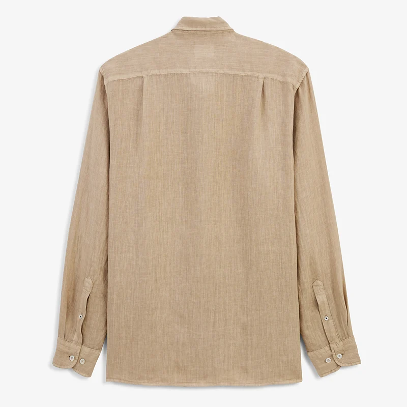 Chemise manches longues unie en lin marron avoine