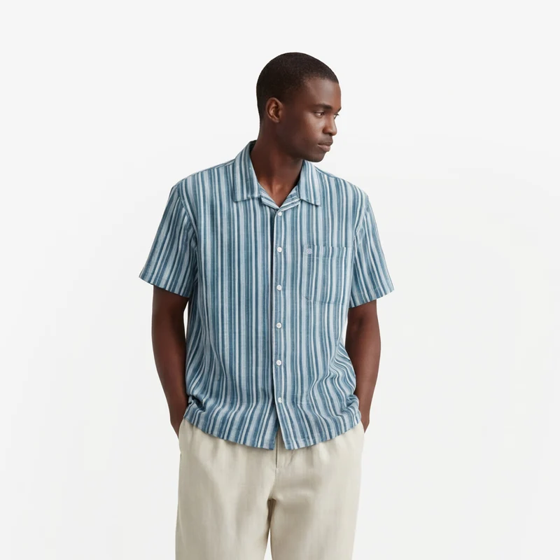 Chemise manches courtes en coton Caracas rayée bleu marine
