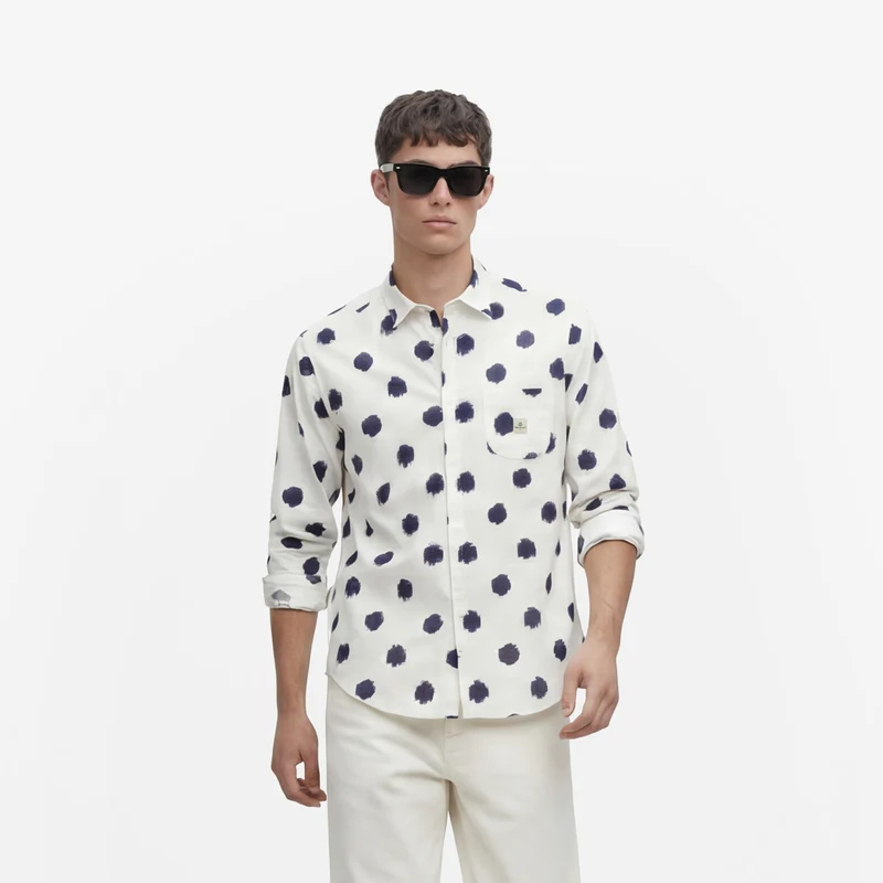 Chemise manches longues en coton imprimé gros pois blanche