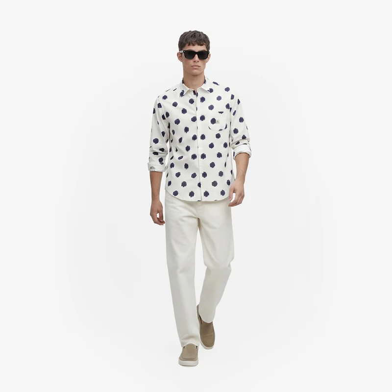 Chemise manches longues en coton imprimé gros pois blanche
