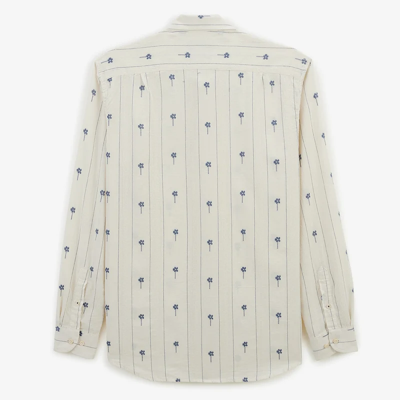 Chemise manches longues en coton jacquard blanche avec fleurs brodées