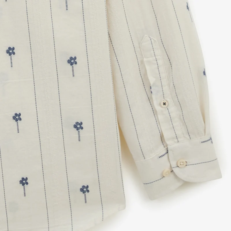Chemise manches longues en coton jacquard blanche avec fleurs brodées