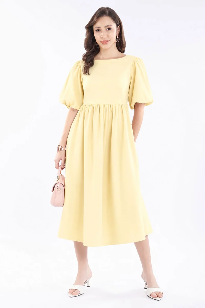 Tianae|100% Cotton Back Bow Tie Up Midi Dress
