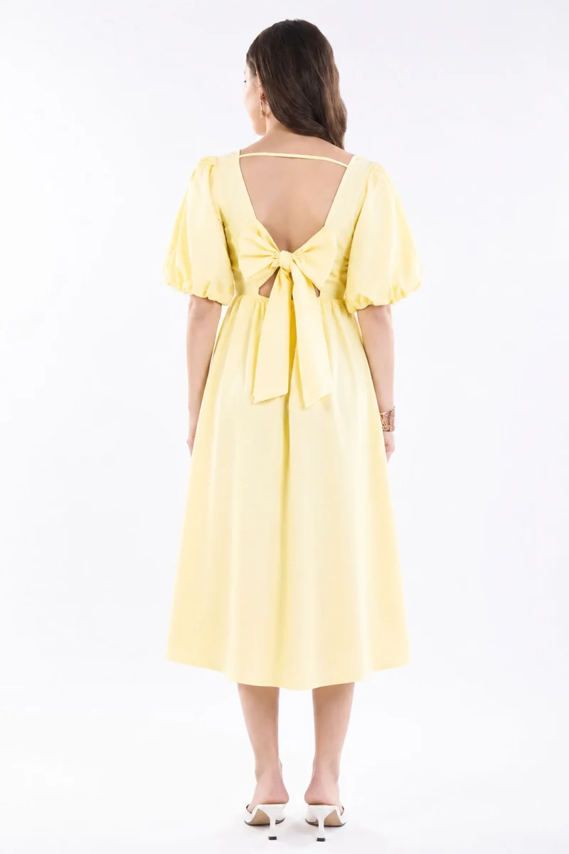 Tianae|100% Cotton Back Bow Tie Up Midi Dress