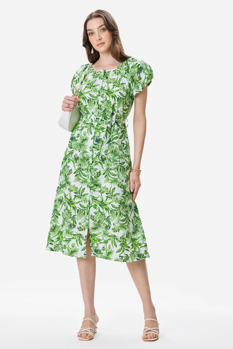 Aureliae|100% Cotton Bubble Sleeve Printed Dress