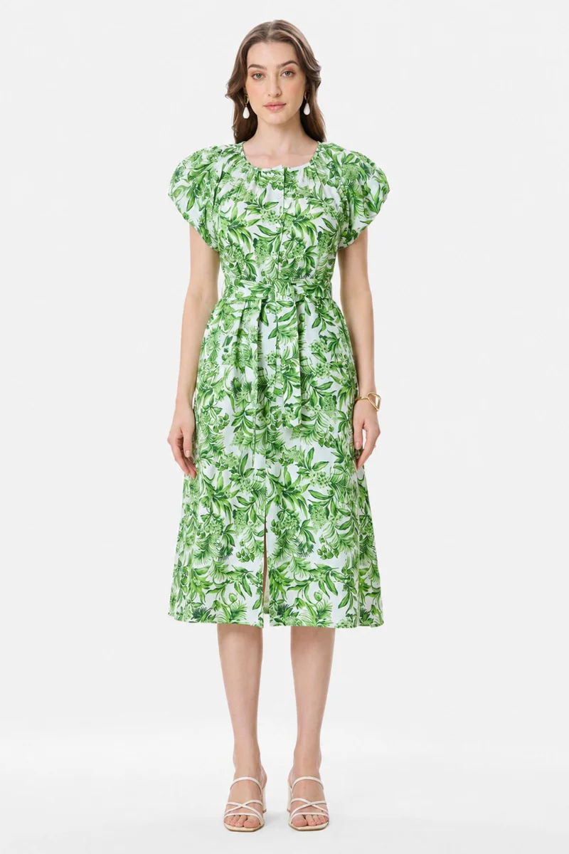 Aureliae|100% Cotton Bubble Sleeve Printed Dress