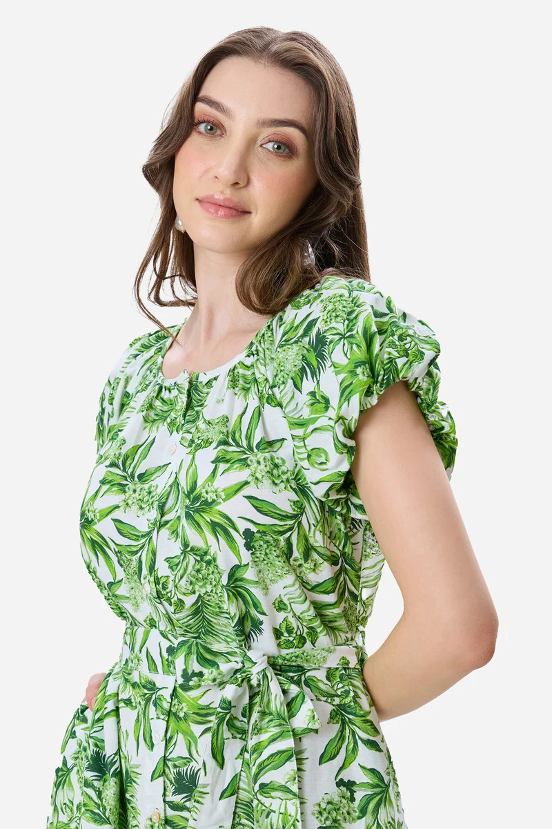 Aureliae|100% Cotton Bubble Sleeve Printed Dress