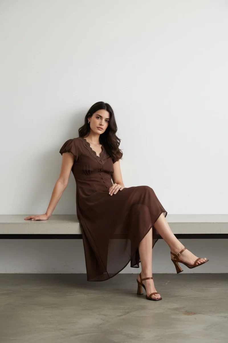 Marcellae|100% Viscose Lace Detail Midi Dress