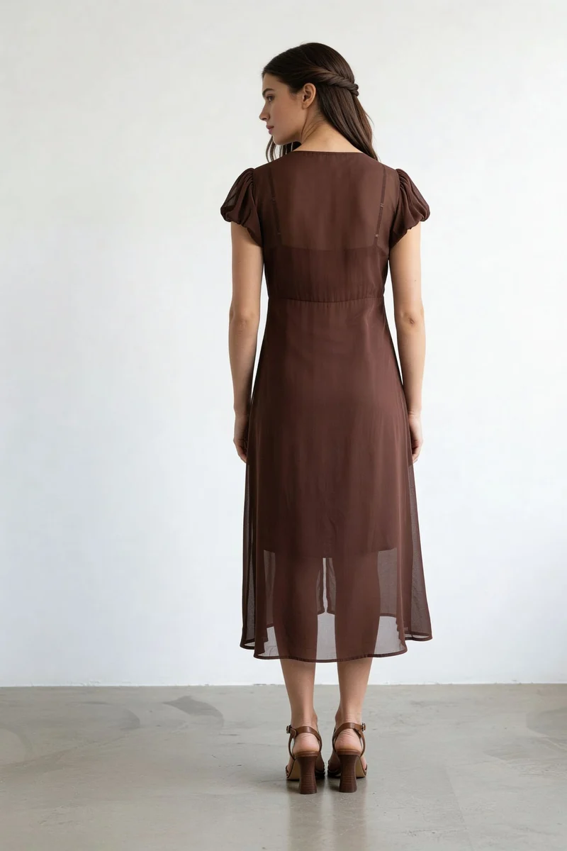 Marcellae|100% Viscose Lace Detail Midi Dress