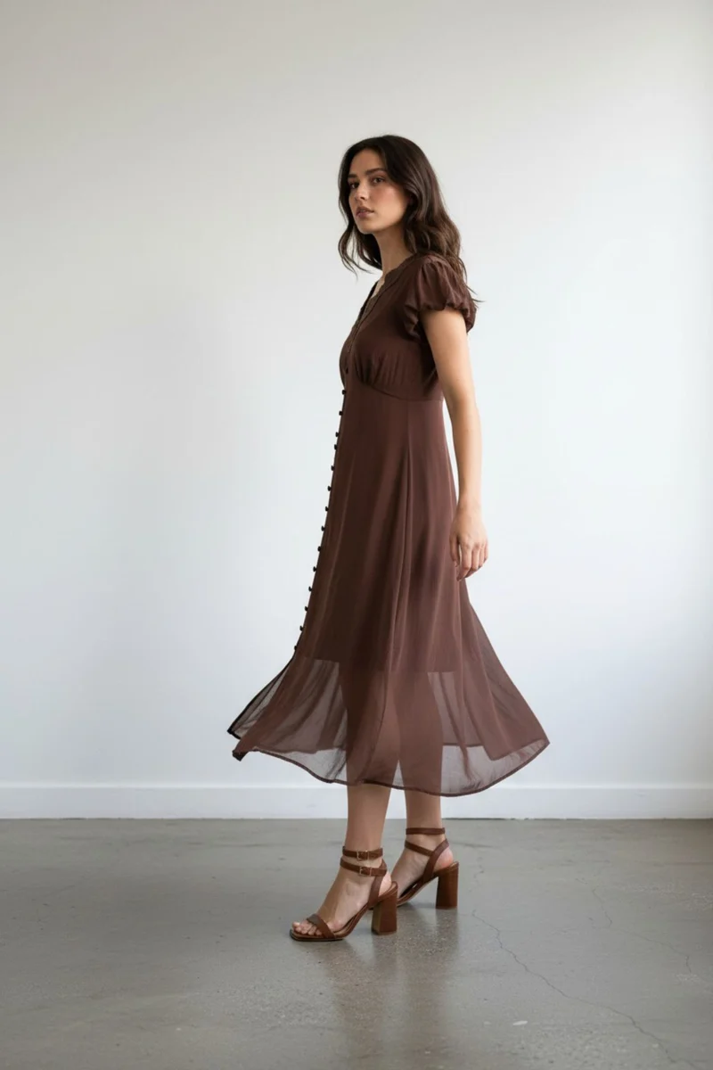 Marcellae|100% Viscose Lace Detail Midi Dress