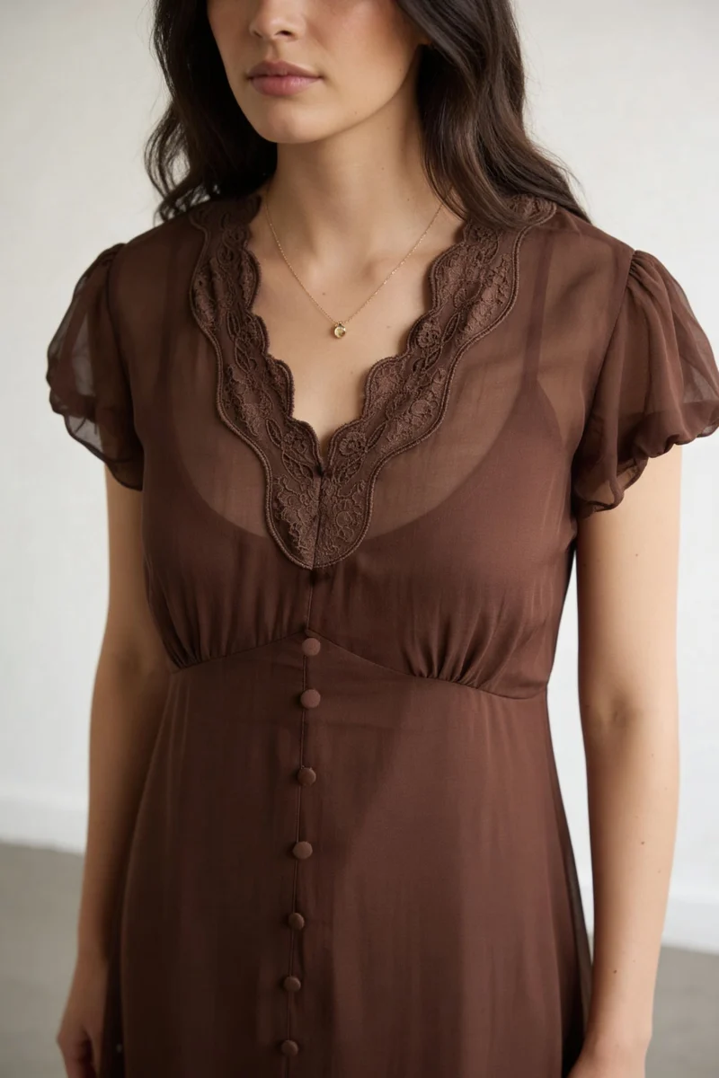 Marcellae|100% Viscose Lace Detail Midi Dress