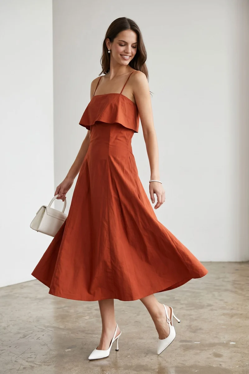 Fiorelle|100% Cotton Layered A-Line Midi Dress