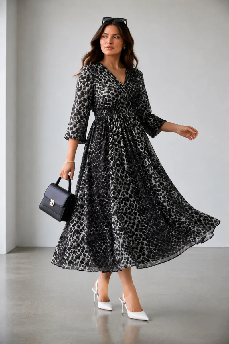 Avalora|100% Viscose V-Neck Maxi Dress