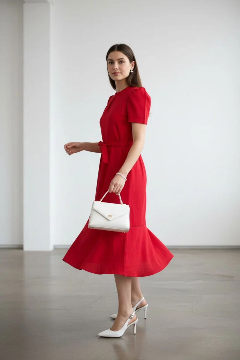 Norelle|100% Cotton Lace Insert Panel Midi Dress