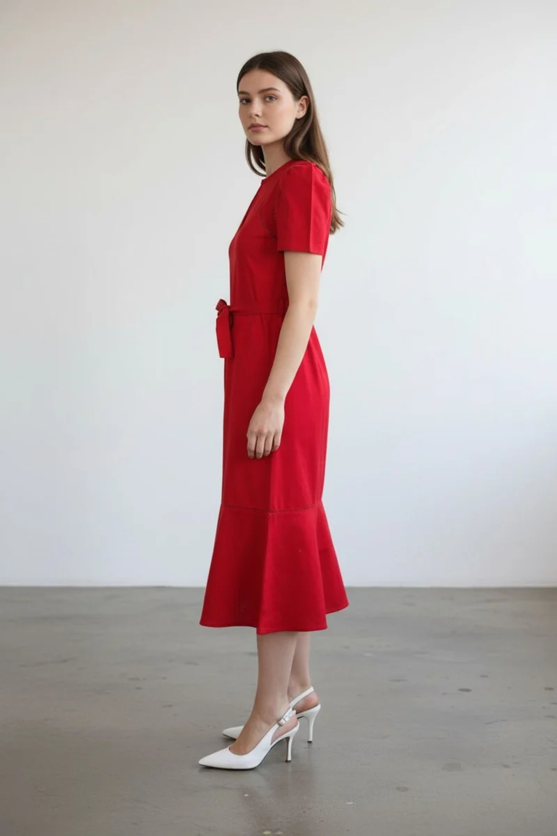 Norelle|100% Cotton Lace Insert Panel Midi Dress